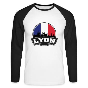 Lyon France Skyline Voyage Souvenir Drapeau Français - T-shirt baseball manches longues Homme - blanc/noir - Devant - Nik (191cm)