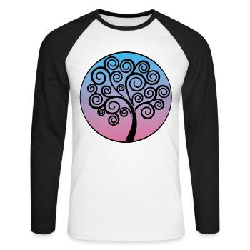 Black tree of life on blue and pink background - Unisex Long Sleeve Baseball T-Shirt - white/black - Front - Nik (191cm)