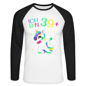 Ich bin 39 Plus 40. Geburtstag Einhorn Geschenk - Unisex Baseballshirt langarm - Weiß/Schwarz - Vorne - Nik (191cm)