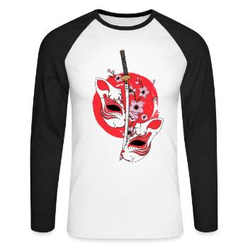Kitsune Mask Japanese Sword Katana Japanese - Unisex Long Sleeve Baseball T-Shirt - white/black - Front - Nik (191cm)