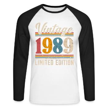 1989 Millésime Année de construction Anniversaire Vintage - T-shirt baseball manches longues Homme - blanc/noir - Devant - Nik (191cm)