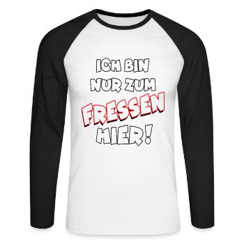 Ich bin nur zum Fressen hier Essen Wettkampf Party - Unisex Baseballshirt langarm - Weiß/Schwarz - Vorne - Nik (191cm)