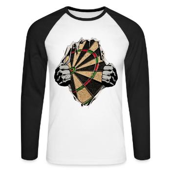 Dart - Dartscheibe unterm Shirt - Unisex Baseballshirt langarm - Weiß/Schwarz - Vorne - Nik (191cm)