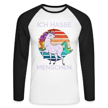 Ich hasse Menschen Einhorn Retro - Unisex Baseballshirt langarm - Weiß/Schwarz - Vorne - Nik (191cm)