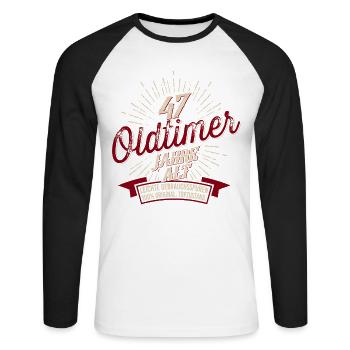 47. Geburtstag Oldtimer - Unisex Baseballshirt langarm - Weiß/Schwarz - Vorne - Nik (191cm)