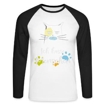 Ich hasse Menschen! Katze, Miesepeter - Unisex Baseballshirt langarm - Weiß/Schwarz - Vorne - Nik (191cm)