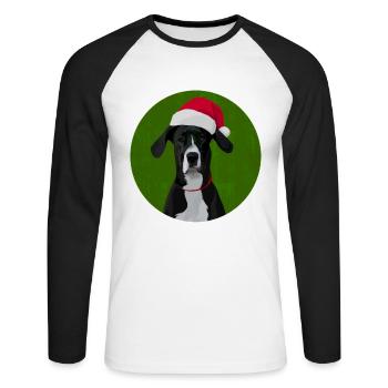 Grand chien danois au chapeau de père Noël pour Noël - T-shirt baseball manches longues Homme - blanc/noir - Devant - Nik (191cm)