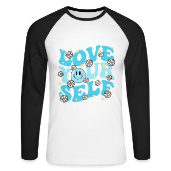 Groovy LOVE YOUR SELF Blau - Unisex Baseballshirt langarm - Weiß/Schwarz - Vorne - Nik (191cm)