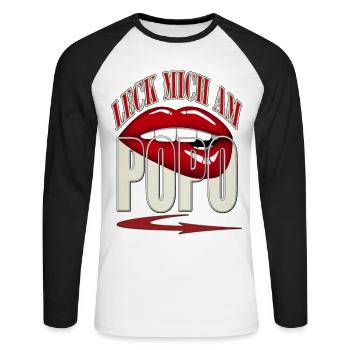 leck mich am POPO - rote Lippen roter Mund Pfeil - Unisex Baseballshirt langarm - Weiß/Schwarz - Vorne - Nik (191cm)