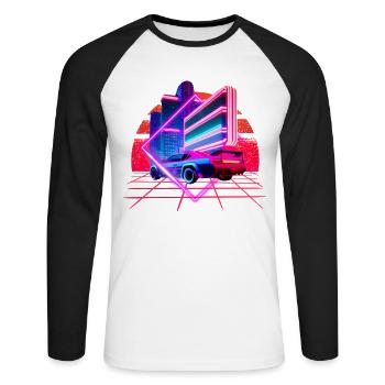 Retro Wave Sports Car 80s Skyline Vaporwave - T-shirt baseball manches longues Homme - blanc/noir - Devant - Nik (191cm)