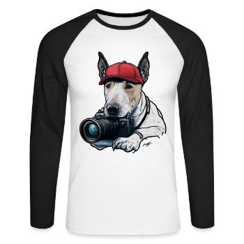 Chien photographe à casquette rouge - T-shirt baseball manches longues Homme - blanc/noir - Devant - Nik (191cm)