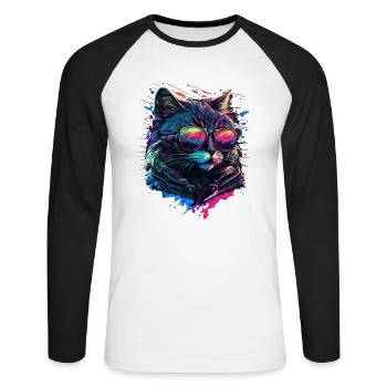 Chat cool - T-shirt baseball manches longues Homme - blanc/noir - Devant - Nik (191cm)