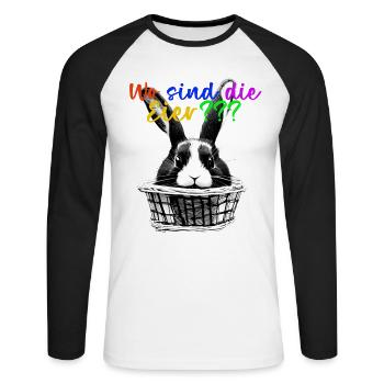 Osterdesign Hase im Korb T-Shirt mit der Frage - Unisex Baseballshirt langarm - Weiß/Schwarz - Vorne - Nik (191cm)