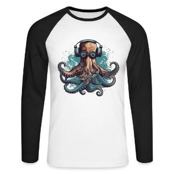 Cool nerdy octopus with glasses and headphones - Unisex Long Sleeve Baseball T-Shirt - white/black - Front - Nik (191cm)