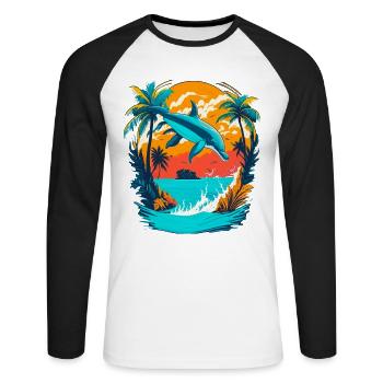 Dolphin with Tropical Sunset - Unisex Long Sleeve Baseball T-Shirt - white/black - Front - Nik (191cm)