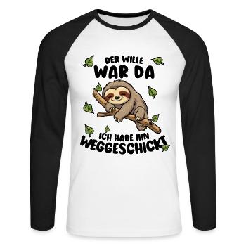 Faultier Lustiger Spruch: Der Wille war da - Unisex Baseballshirt langarm - Weiß/Schwarz - Vorne - Nik (191cm)