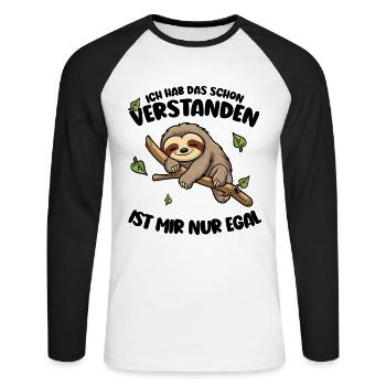 Faultier Lustiger Spruch: ... ist mir nur egal - Unisex Baseballshirt langarm - Weiß/Schwarz - Vorne - Nik (191cm)