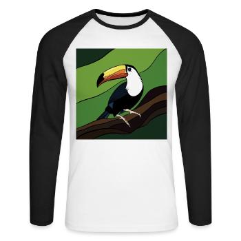 Oiseau avec bec coloré sur branche de feuille - T-shirt baseball manches longues Homme - blanc/noir - Devant - Nik (191cm)