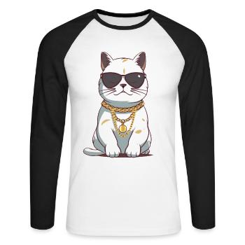 Chat cool avec lunettes de soleil et chaîne en or - T-shirt baseball manches longues Homme - blanc/noir - Devant - Nik (191cm)