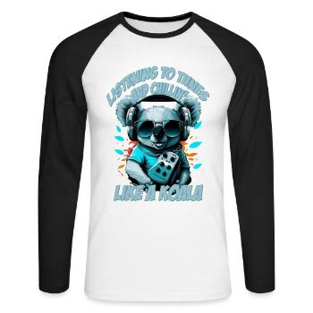 koalabär mit Schriftzug, Walkman und Sonnenbrille - Unisex Baseballshirt langarm - Weiß/Schwarz - Vorne - Nik (191cm)