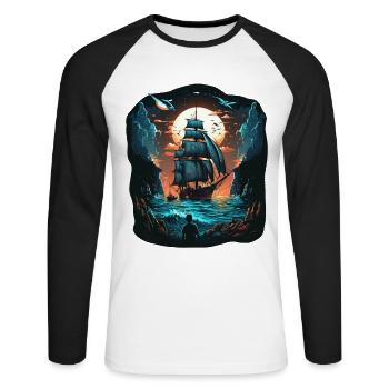 Grosses Segelschiff im Mondschein auf hoher See - Unisex Baseballshirt langarm - Weiß/Schwarz - Vorne - Nik (191cm)