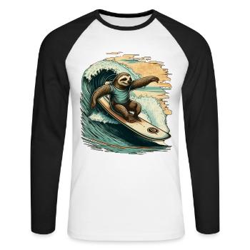 Lässiges Faultier surft auf grosser Welle - Unisex Baseballshirt langarm - Weiß/Schwarz - Vorne - Nik (191cm)
