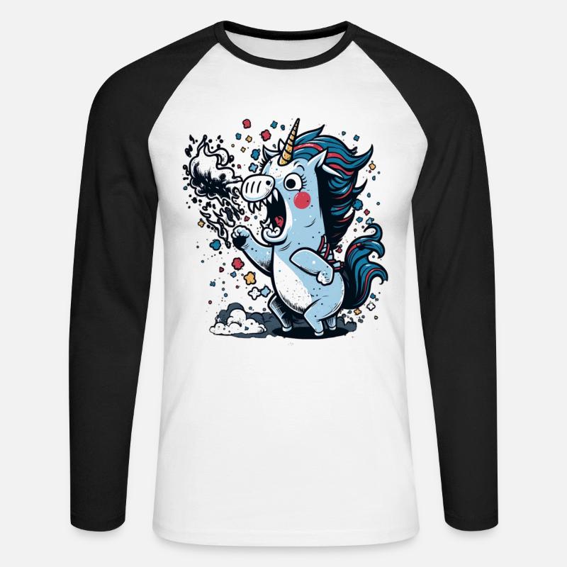 Wütendes Einhorn speiht Feuer - Unisex Baseballshirt langarm - Weiß/Schwarz