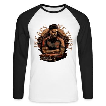 Oldtimer mit Schriftzug - Unisex Baseballshirt langarm - Weiß/Schwarz - Vorne - Nik (191cm)