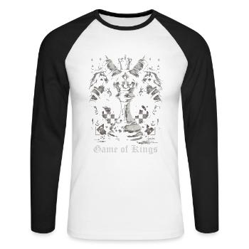 Pièces d’échecs avec lettrage - T-shirt baseball manches longues Homme - blanc/noir - Devant - Nik (191cm)