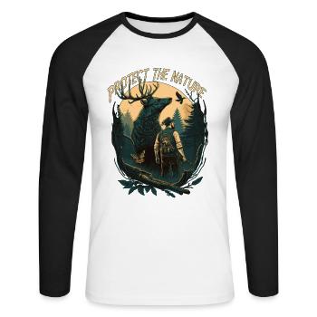 Jäger mit Tieren im Wald - Unisex Baseballshirt langarm - Weiß/Schwarz - Vorne - Nik (191cm)