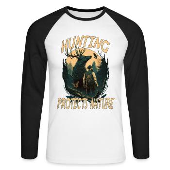 Jäger mit Tieren im Wald mit Schriftzug - Unisex Baseballshirt langarm - Weiß/Schwarz - Vorne - Nik (191cm)