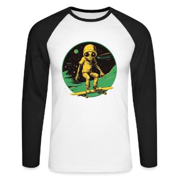Alien auf Skateboard - Unisex Baseballshirt langarm - Weiß/Schwarz - Vorne - Nik (191cm)