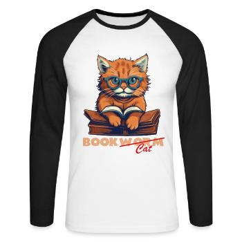 Katze mit Buch und Schriftzug - Unisex Baseballshirt langarm - Weiß/Schwarz - Vorne - Nik (191cm)