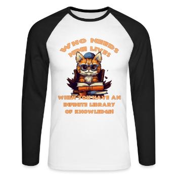 Katze mit vielen Büchern - Unisex Baseballshirt langarm - Weiß/Schwarz - Vorne - Nik (191cm)