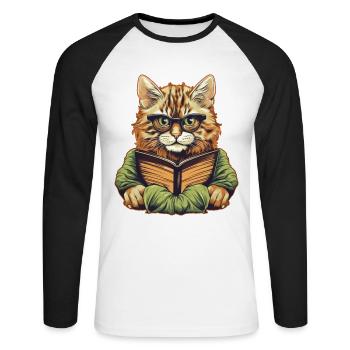 Katze mit Buch - Unisex Baseballshirt langarm - Weiß/Schwarz - Vorne - Nik (191cm)