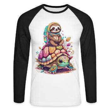Faultier und Schildkröte im Urlaub - Unisex Baseballshirt langarm - Weiß/Schwarz - Vorne - Nik (191cm)