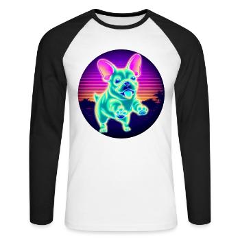 Bouledogue Français néon coucher de soleil - T-shirt baseball manches longues Homme - blanc/noir - Devant - Nik (191cm)
