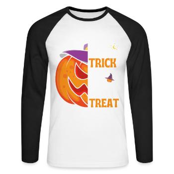 Cadeau halloween "Trick or Treat" - T-shirt baseball manches longues Homme - blanc/noir - Devant - Nik (191cm)