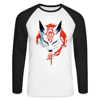 Kumiho Samurai Fox Mask Kitsune Japan Anime - Unisex Long Sleeve Baseball T-Shirt - white/black - Front - Nik (191cm)