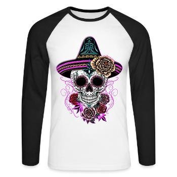 Sugar Skull Halloween Roses Sombrero - T-shirt baseball manches longues Homme - blanc/noir - Devant - Nik (191cm)