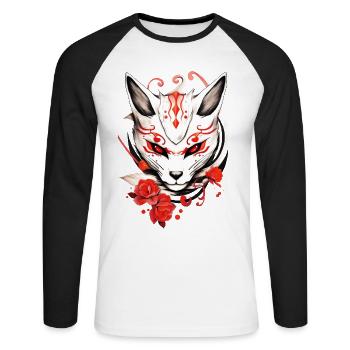Kumiho Fox Mask Japan Kitsune Samurai Anime - Unisex Long Sleeve Baseball T-Shirt - white/black - Front - Nik (191cm)