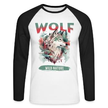 Loup tête de loup Nature nature sauvage aventure forêt Art - T-shirt baseball manches longues Homme - blanc/noir - Devant - Nik (191cm)