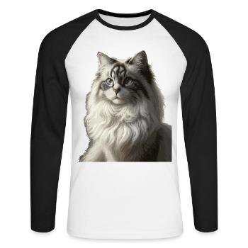 Fluffy Cat Face Portrait - Unisex Long Sleeve Baseball T-Shirt - white/black - Front - Nik (191cm)