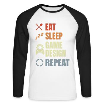 Eat Sleep Game Design Repeat - Unisex Baseballshirt langarm - Weiß/Schwarz - Vorne - Nik (191cm)