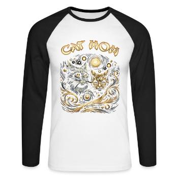 Galaktische Katzen Mythos Design - Unisex Baseballshirt langarm - Weiß/Schwarz - Vorne - Nik (191cm)