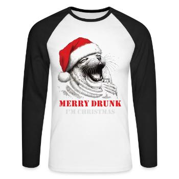 Merry Drunk I'm Christmas Wein Spruch Weihnachten - Unisex Baseballshirt langarm - Weiß/Schwarz - Vorne - Nik (191cm)