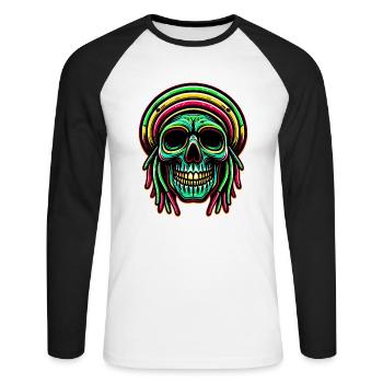 Reggae-Schädel Dekofigur Rasta-Kultur - Unisex Baseballshirt langarm - Weiß/Schwarz - Vorne - Nik (191cm)