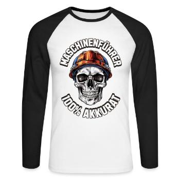 Maschinenführer Totenkopf T-Shirt Bauarbeiter - Unisex Baseballshirt langarm - Weiß/Schwarz - Vorne - Nik (191cm)
