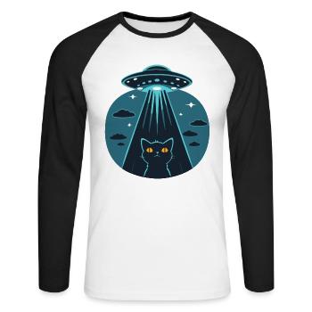 Drôle D’OVNI, Alien, Chat - T-shirt baseball manches longues Homme - blanc/noir - Devant - Nik (191cm)