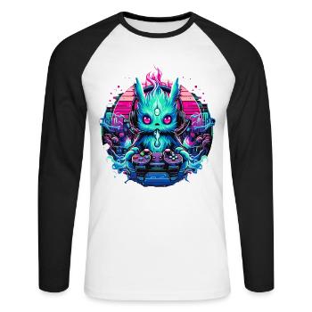 Synthwave Zocker Gaming Alien - Unisex Baseballshirt langarm - Weiß/Schwarz - Vorne - Nik (191cm)